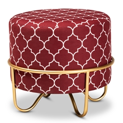 Baxton Studio Candice Glam and Luxe Red Quatrefoil Velvet Fabric Upholstered Gold Finished Metal Ottoman